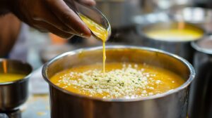 A hand pouring melted ghee from a small cup into a pot of churma mix, with the mixture topped with powdered ingredients and garnished with herbs