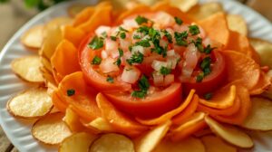 A plate of crispy potato chips arranged in a circular pattern, topped with sliced tomatoes, diced onions, and fresh chopped herbs