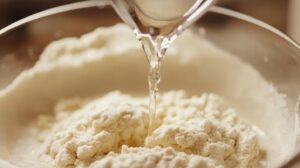 Close-up of water being poured into flour in a mixing bowl, beginning the dough preparation