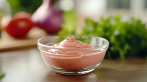 bowl of pink creamy salad dressing in a glass dish, with blurred vegetables in the background