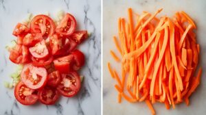 Slices of fresh red tomatoes with diced cucumbers on the left and thinly julienned orange carrots on the right, arranged on a marble surface