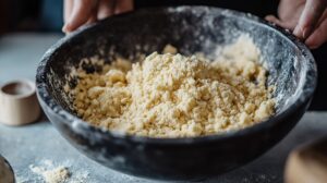 close-up of a black bowl filled with crumbly churma mixture, ready for ladoo preparation