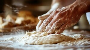 Close-up of hands kneading dough on a floured surface, with flour dust in the air