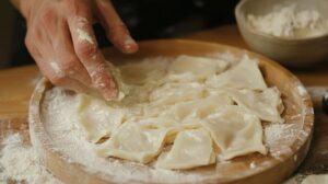 Close-up of hands shaping dumpling dough pieces on a flour-dusted wooden tray