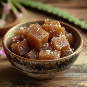 A bowl of cubed Aloe Vera Sweet (Kuvar Pak), topped with coarse sugar, placed on a rustic wooden table