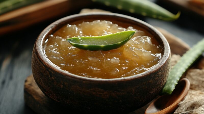 A rustic bowl filled with aloe vera sweet gel, garnished with a fresh aloe vera slice