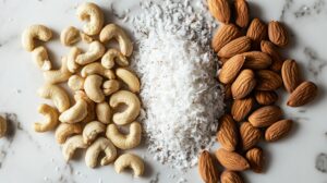 A flat lay of cashews, shredded coconut, and almonds on a marble surface