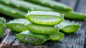 Close-up of freshly cut aloe vera leaves stacked on a rustic wooden surface, showing their translucent gel