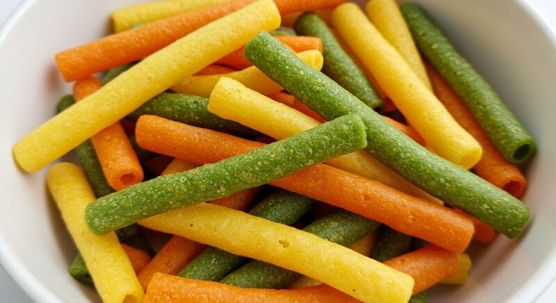 Close-up view of a variety of crunchy, veggie straws