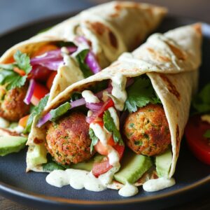 Two falafel wraps filled with falafel balls, fresh vegetables, and topped with tahini sauce on a black plate