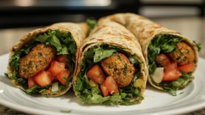 Three falafel wraps filled with crispy falafel, fresh lettuce, diced tomatoes, and onions, served on a white plate