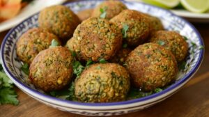 Close-up of freshly fried falafel balls in a decorative bowl, garnished with parsley