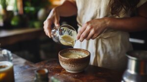 A person pouring freshly made tahini sauce from a glass container into a rustic bowl on a wooden table