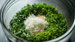 Close-up of a glass bowl containing fresh parsley, chopped greens, salt, and spices for falafel mixture preparation