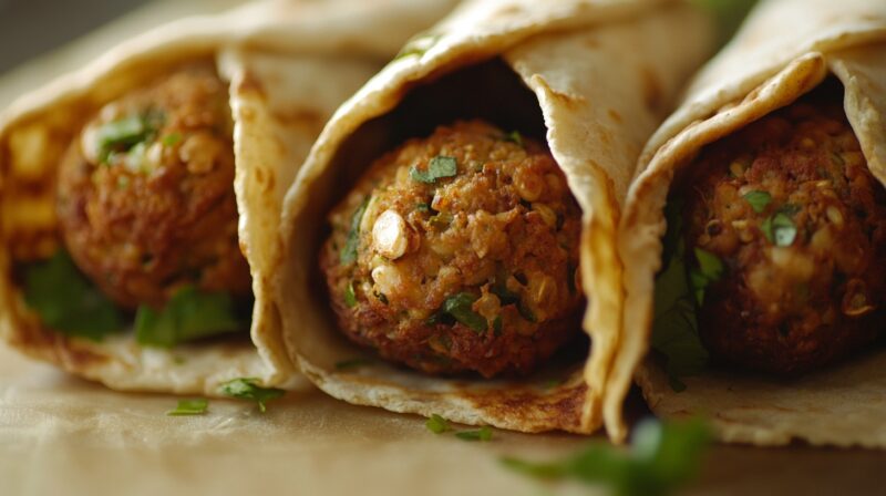 Close-up of three falafel wraps, each filled with crispy falafel balls, wrapped in soft flatbread with fresh herbs