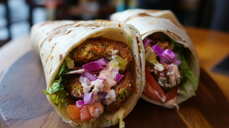 Two falafel wraps filled with crispy falafel, lettuce, tomatoes, pickles, red cabbage, and creamy sauce on a wooden plate