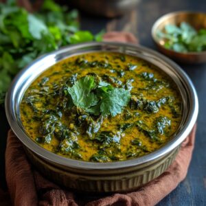 A bowl of rich, creamy Methi (fenugreek) curry garnished with fresh coriander leaves