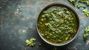 A bowl of methi (fenugreek) leaves curry with spices, garnished with chili flakes and fresh herbs