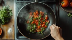 A pan of sautéed tomatoes and leafy greens on a stovetop, with fresh herbs and spices on the side