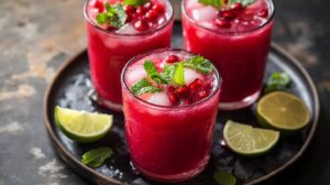 Three glasses of pomegranate juice garnished with fresh mint leaves and pomegranate seeds, served on a black tray with lime wedges