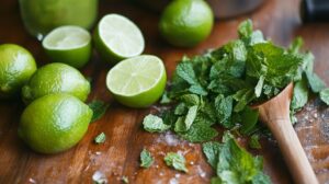 Fresh whole and halved limes with chopped mint leaves on a wooden surface, with a wooden spoon