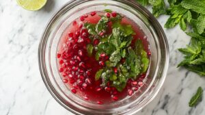 A glass bowl filled with pomegranate juice, fresh mint leaves, and pomegranate seeds on a marble surface with lime and mint leaves nearby