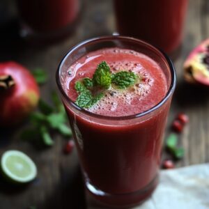 A glass of fresh pomegranate juice garnished with mint leaves, surrounded by pomegranates, lime, and mint on a wooden surface