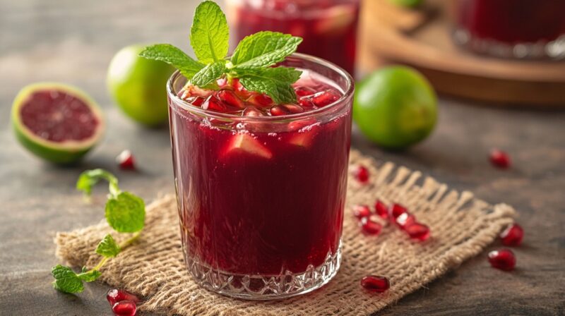 A glass of pomegranate juice with ice cubes, garnished with fresh mint leaves and pomegranate seeds, placed on a rustic mat with whole and sliced limes in the background