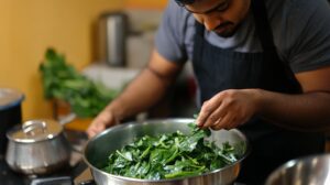 A chef carefully selecting fresh methi (fenugreek) leaves in a kitchen, preparing for cooking