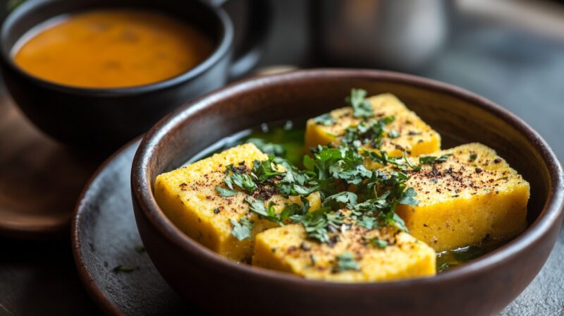 Dhokla and hot masala chai served