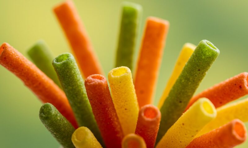 Vibrant, colorful Veggie straw sticks, close-up view