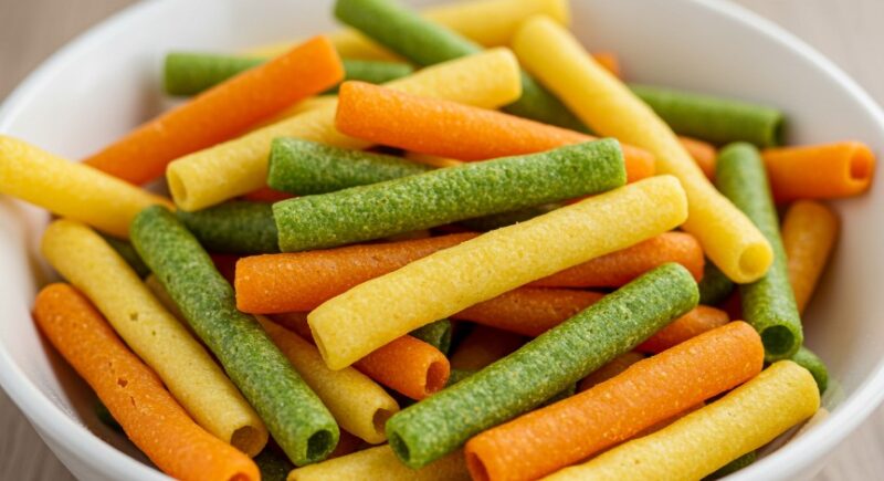 Vibrant orange, yellow, and green veggie straws, close-up view.