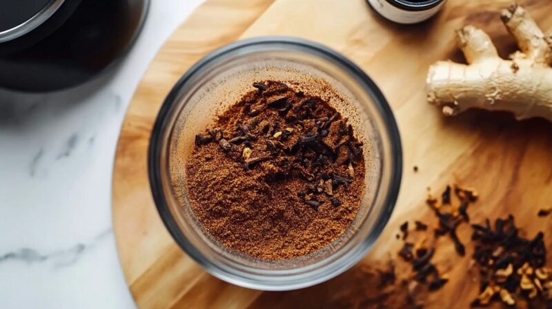  A glass jar filled with freshly ground tea masala powder, mixed with whole cloves, placed on a wooden cutting board with ginger and loose spices around it