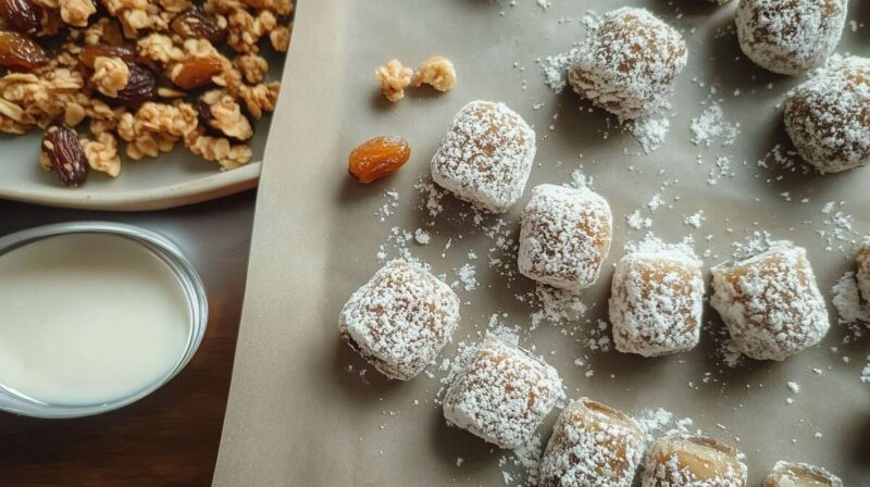 A plate of homemade date rolls dusted with powdered sugar