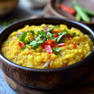 A bowl of freshly prepared Moong Dal Khichdi, garnished with chopped cilantro, red and green chilies, served in a rustic wooden bowl