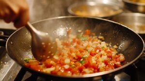 A close-up of a hand stirring a sizzling mixture of chopped tomatoes, onions, and spices in a wok over a stovetop