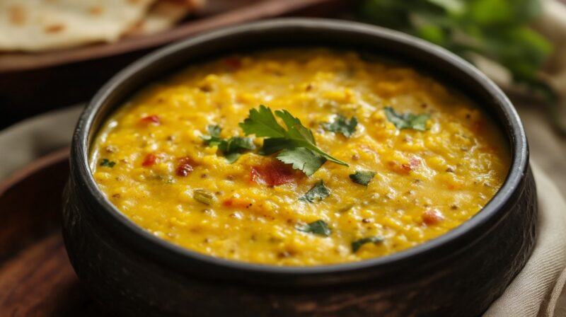 A bowl of creamy Moong Dal Khichdi, garnished with fresh cilantro, served in a rustic black pot with soft roti in the background