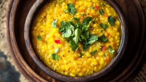 A close-up of a bowl of Moong Dal Khichdi garnished with fresh cilantro, served in a rustic wooden bowl