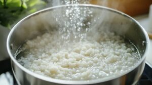 A pot of rice boiling in water, with steam rising as water is poured in, creating a soft and fluffy texture