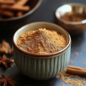 A ceramic bowl filled with finely ground tea masala powder, surrounded by cinnamon sticks and star anise