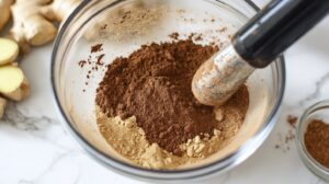 A glass bowl filled with ground spices like cinnamon, ginger, and cloves being mixed with a mortar and pestle, with fresh ginger in the background