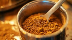 Close-up of finely ground tea masala powder in a metal container with a spoon