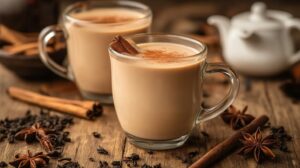 Two glass cups of masala chai topped with cinnamon, surrounded by spices like star anise and cinnamon sticks on a rustic wooden table