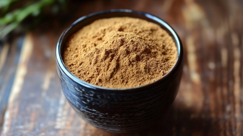 A black ceramic bowl filled with finely ground tea masala powder on a wooden surface