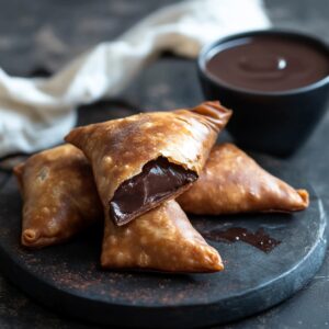 A close-up of chocolate-filled samosas with a crispy golden-brown crust, one broken open revealing melted chocolate, served on a dark plate with a side of chocolate dipping sauce