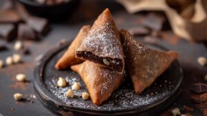 Golden-brown chocolate samosas on a black plate, dusted with powdered sugar and surrounded by white chocolate chips