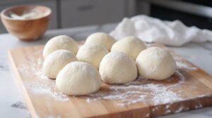 Several round dough balls lightly dusted with flour, resting on a wooden board in a kitchen setting
