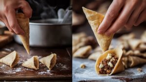 Hands carefully shaping and filling samosa cones with a sweet stuffing mixture on a floured surface