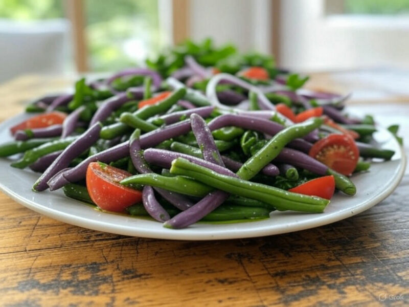 Vibrant purple and green beans, accented with fresh cherry tomatoes