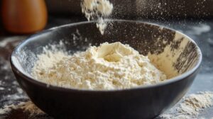 A black bowl filled with white flour, with additional flour being sprinkled from above, creating a dusting effect in the air